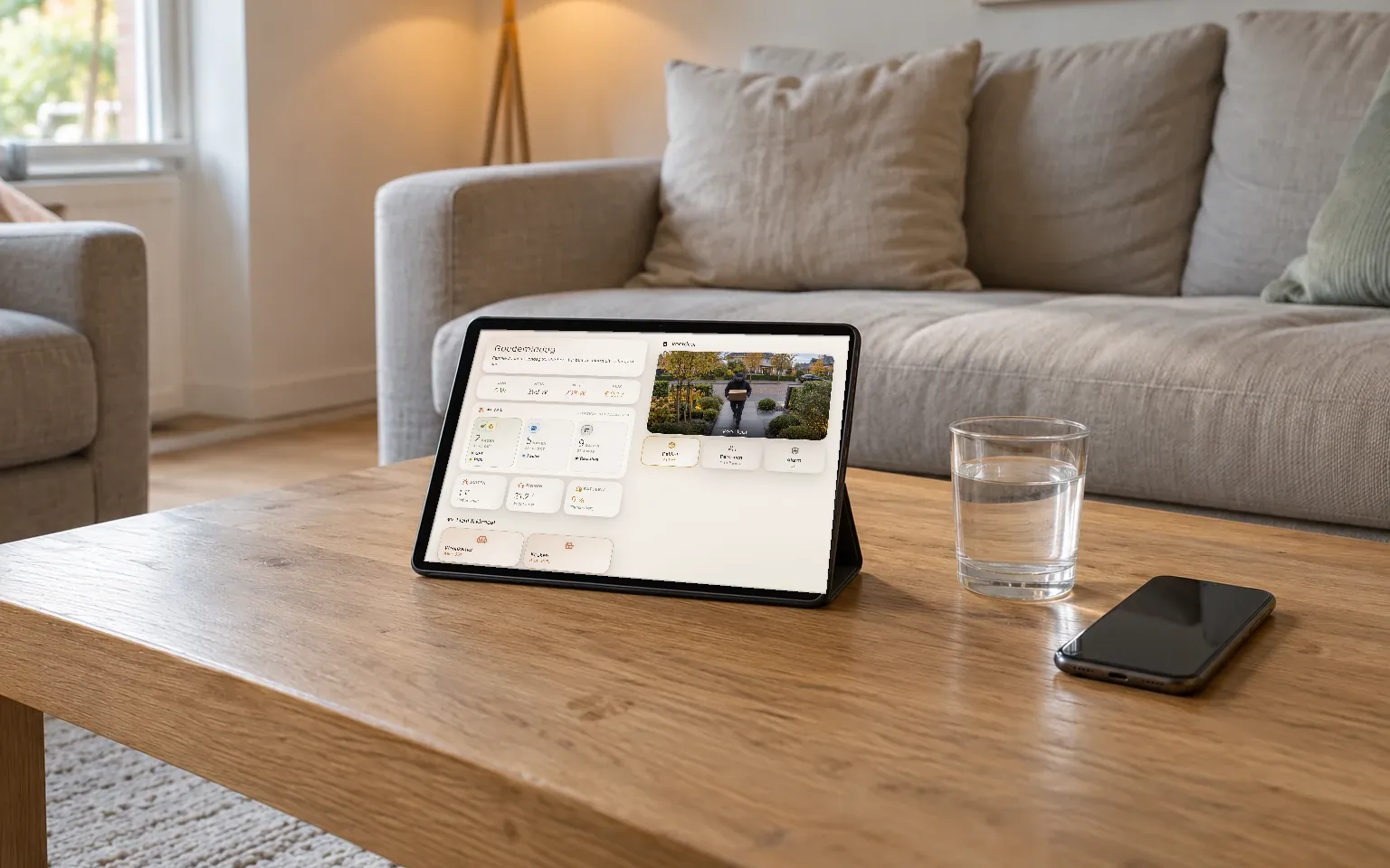 Sfeerbeeld: een tablet met een dashboard in een rustige, lichte woonkamer
